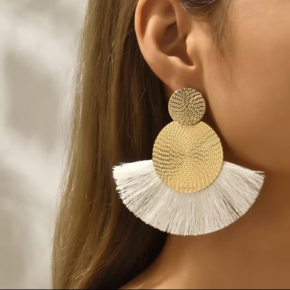 White Tassel Statement Earrings 
Gold Circle Drop | Bold & Chic